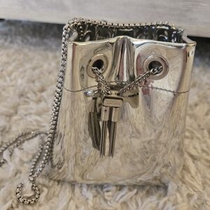 Jimmy Choo Silver Metallic Drawstring Crossbody Bag